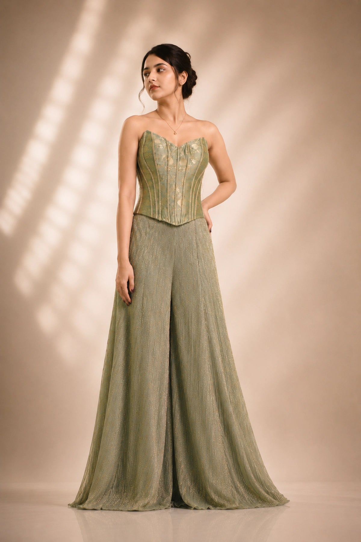 Sage green brocade corset co-ord set with shimmer palazzo, occasion wear by Label Neha Sinha