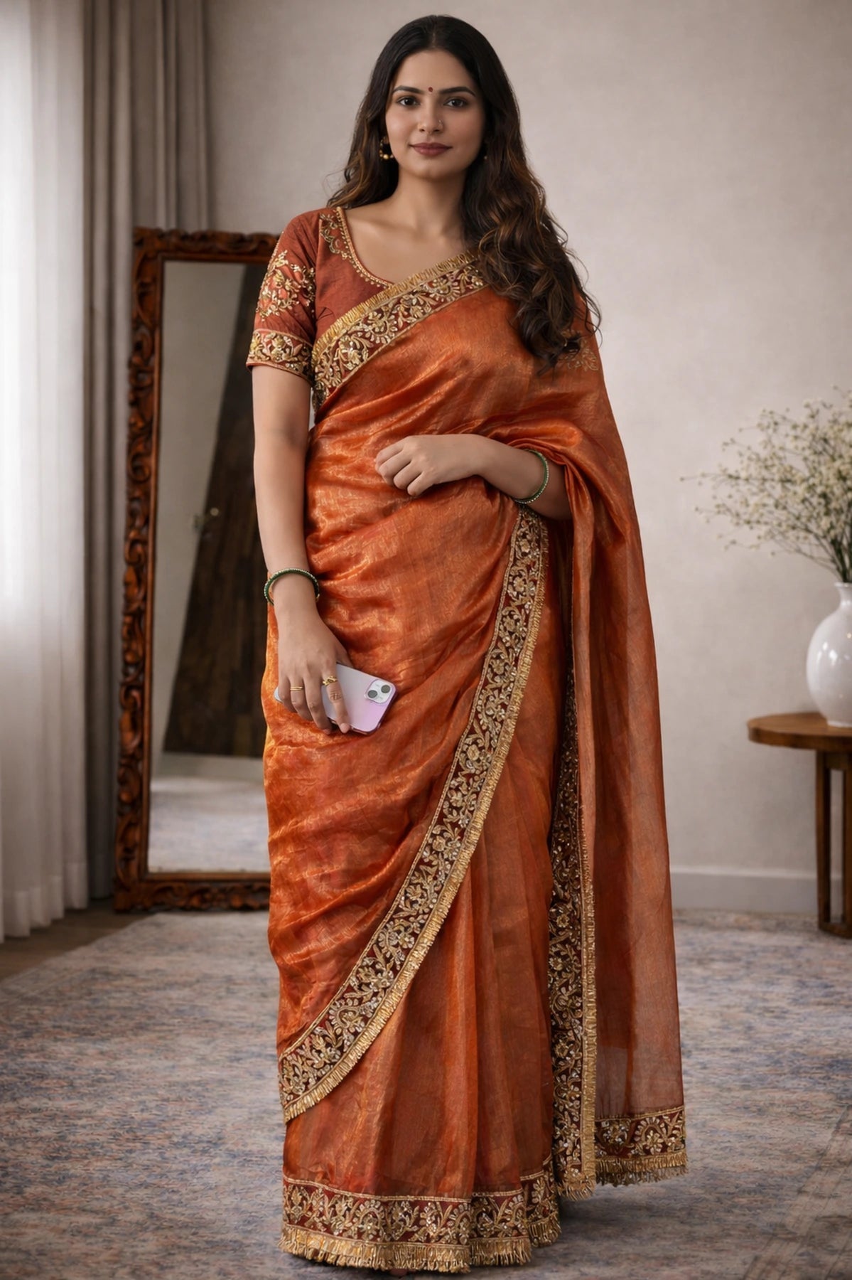 Tissue Rust Saree by Label Neha Sinha – handcrafted bridal saree with zari embroidery