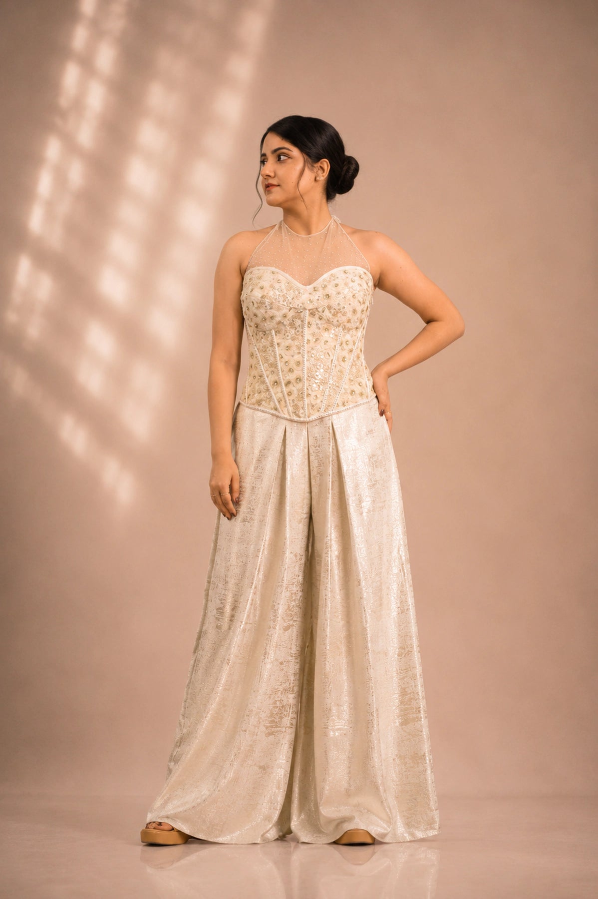 Ivory illusion-neckline corset co-ord set, side view, occasion wear by Label Neha Sinha