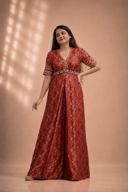 Red silk brocade jumpsuit with gold floral motif and embroidered sleeve cuffs, front view, occasion wear by Label Neha Sinha
