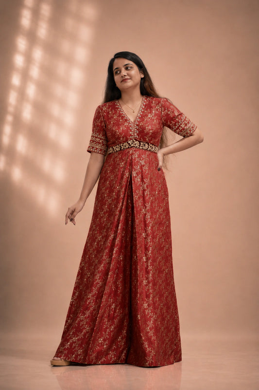 Red silk brocade jumpsuit with gold floral motif and embroidered sleeve cuffs, front view, occasion wear by Label Neha Sinha