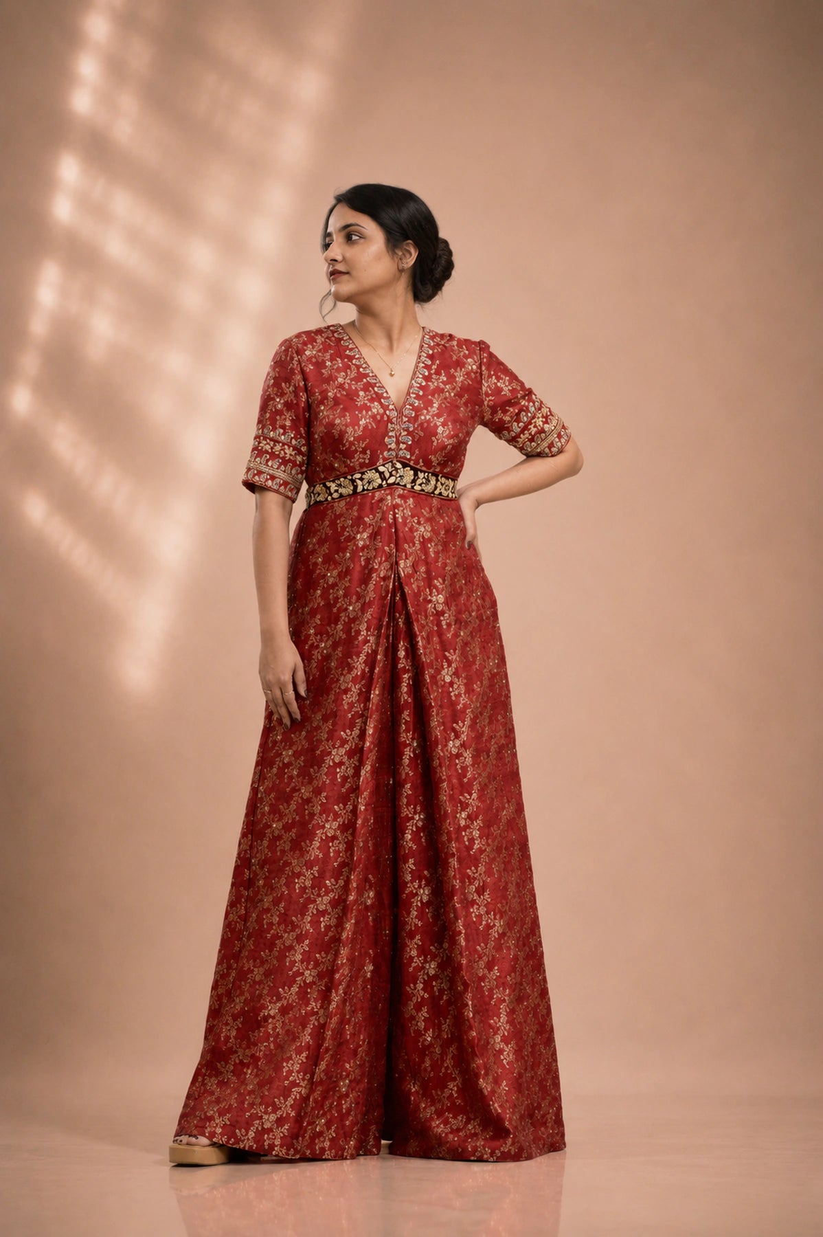 Red silk brocade jumpsuit with zardosi embroidered waistband, front view, occasion wear by Label Neha Sinha