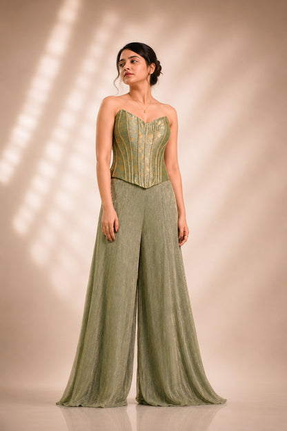 Sage green brocade corset co-ord set, front view with sweetheart neckline and shimmer palazzo pants, occasion wear by Label Neha Sinha
