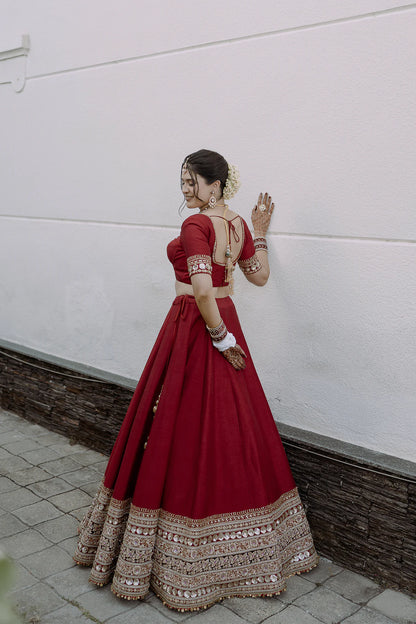 Sakshika Lehenga – back view showing zardosi embroidered hem and dupatta border by Label Neha Sinha