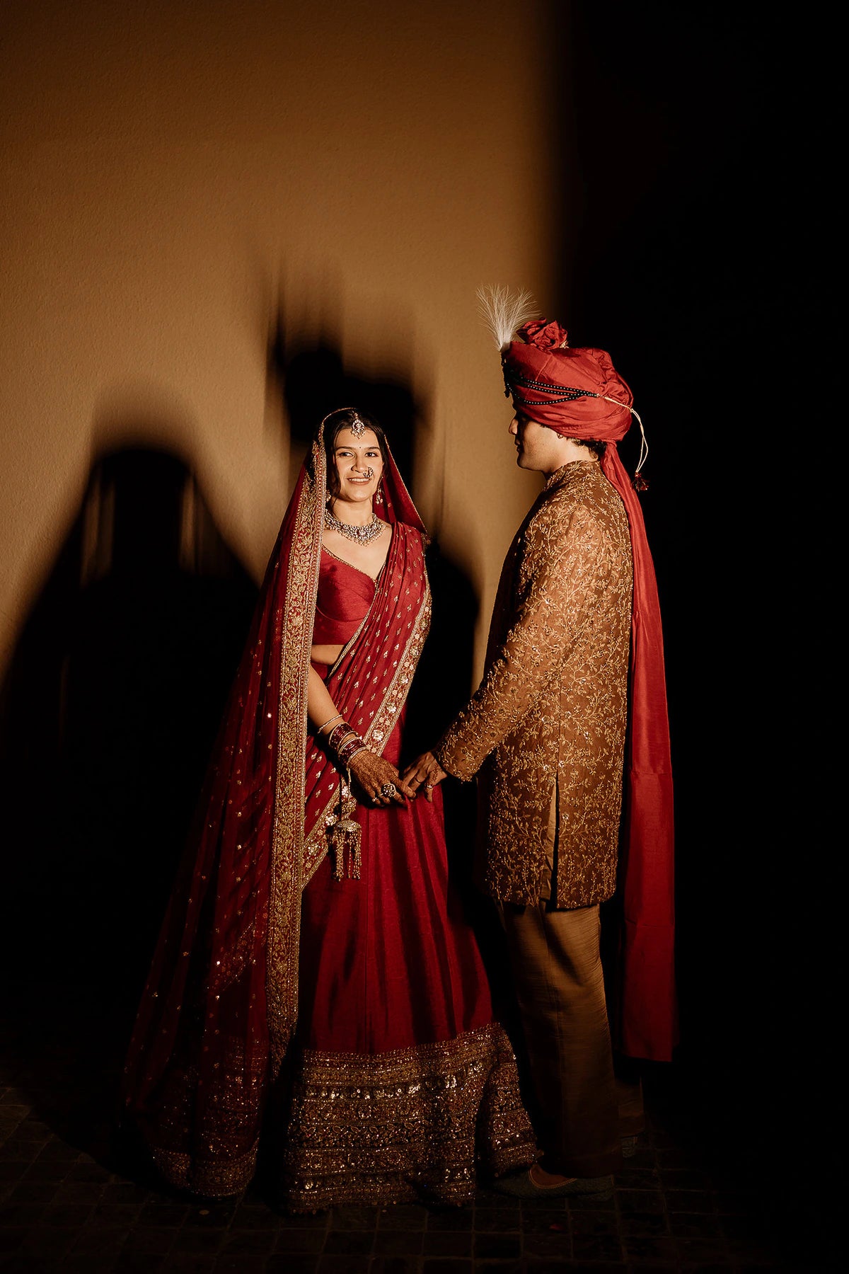 Sakshika Lehenga by Label Neha Sinha – bride and groom portrait