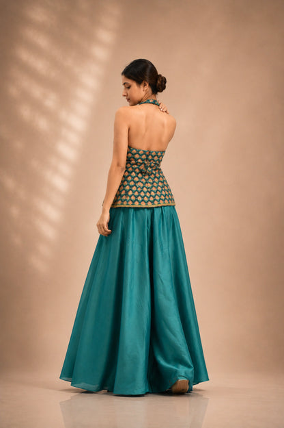 Peacock teal halter jacket co-ord set, back view showing open halter neckline, occasion wear by Label Neha Sinha