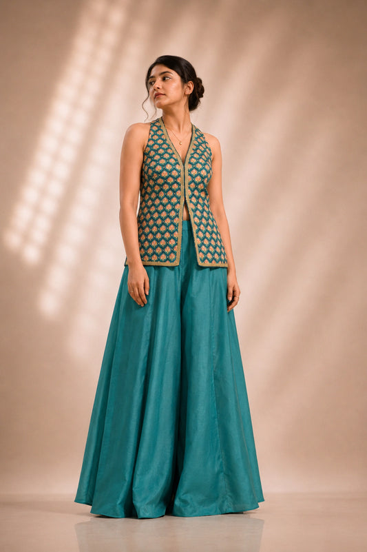 Peacock teal printed halter jacket and flared palazzo co-ord set, front view, occasion wear by Label Neha Sinha