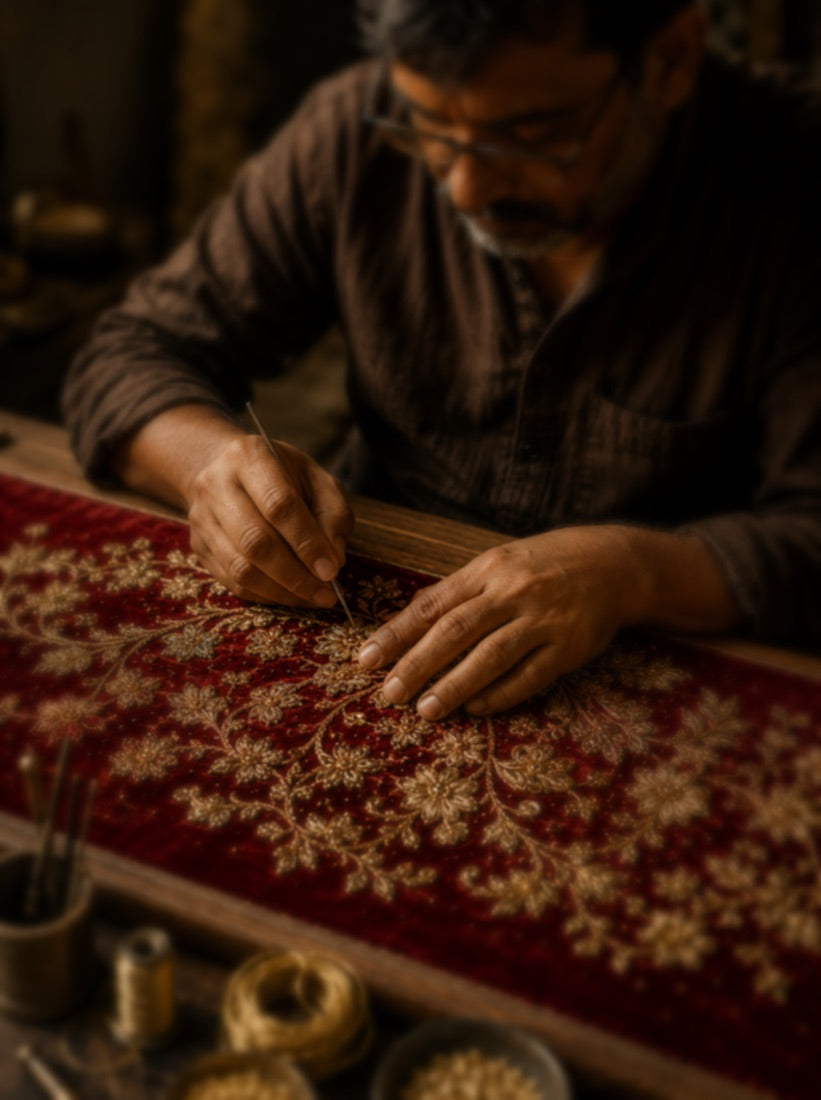 A master artisan hand-embroidering gold zardozi florals on red velvet at the karigar frame