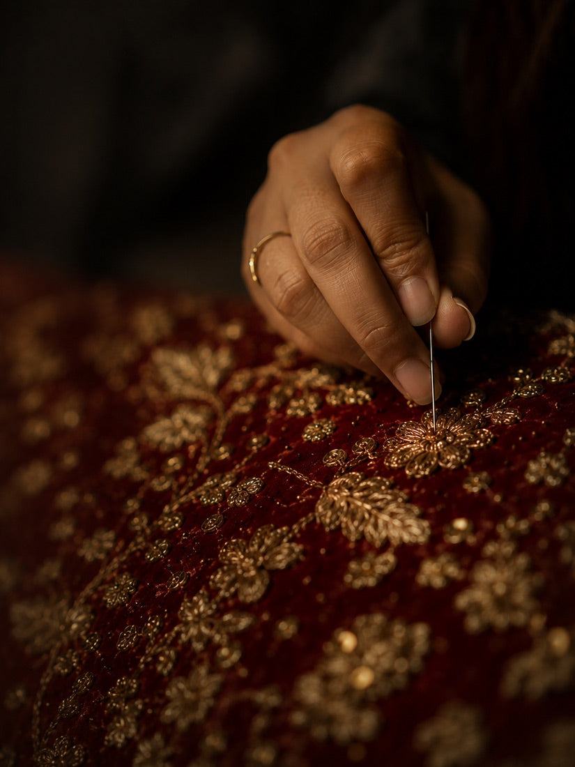 Neha hand-embroidering a bridal lehenga in gold zardozi on deep red velvet