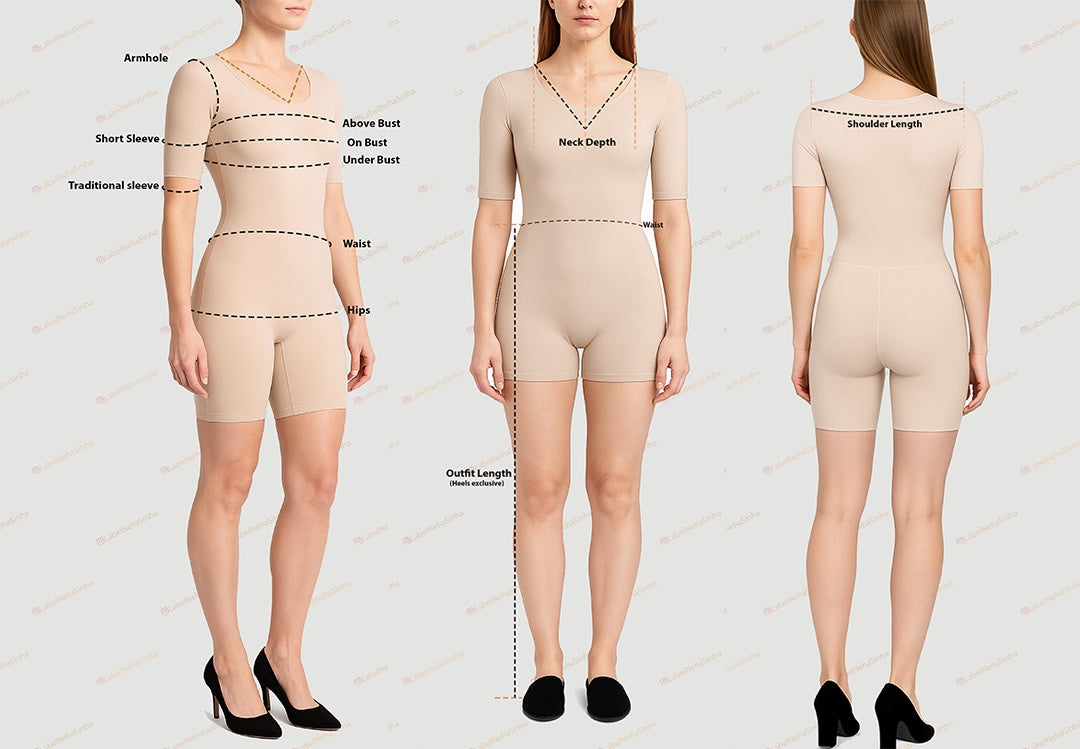 Measurement guide — front and back, showing where to measure chest, waist, hip, shoulder, sleeve, neck depth and outfit length